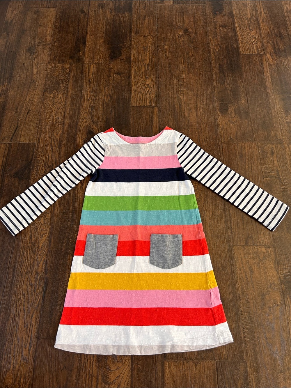 Mini Boden Multicolor Striped Knit Dress with Navy Stripe Sleeves